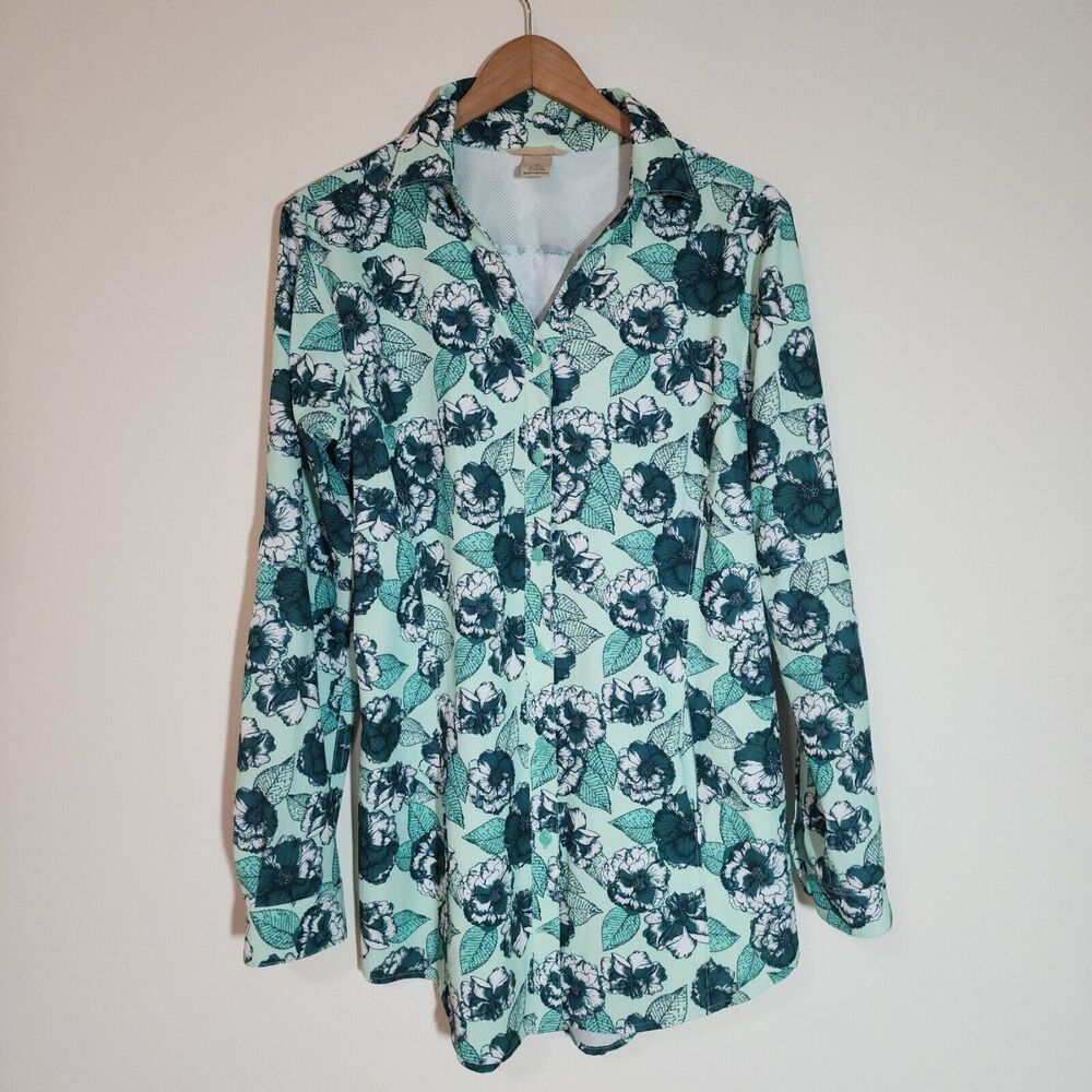 Duluth Womens Button-Down Shirt Green White Floral Roll-Tab Sleeve Tunic Size M